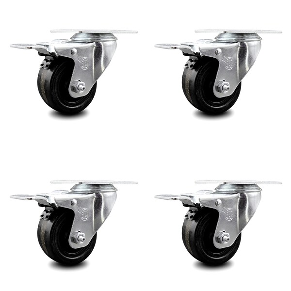 3 Inch Phenolic Swivel Top Plate Caster Set with Total Lock Brake